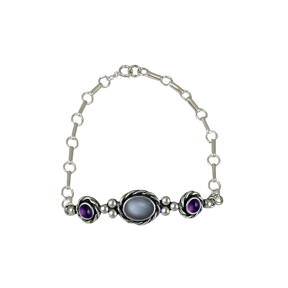 Sterling Silver Gemstone Adjustable Chain Bracelet With Grey Moonstone And Amethyst